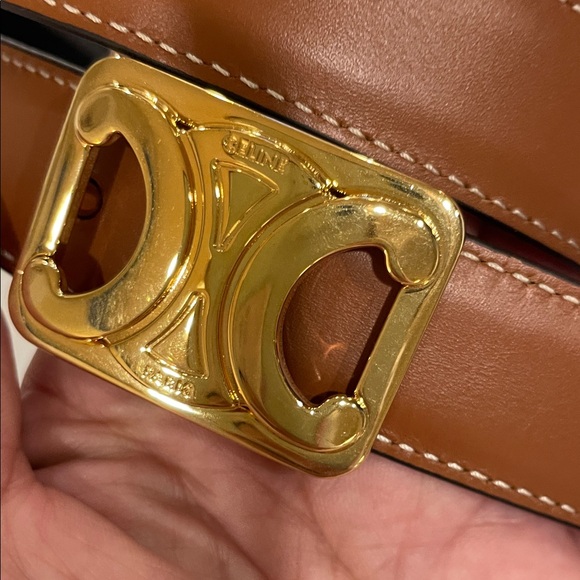 Celine Framed Triomphe Reversible Tan and Black Taurillon Belt main image 4